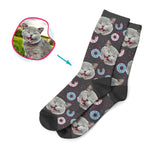 Load image into Gallery viewer, dark Donuts socks personalized with photo of face printed on them

