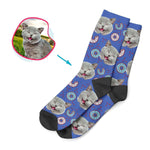 Load image into Gallery viewer, darkblue Donuts socks personalized with photo of face printed on them
