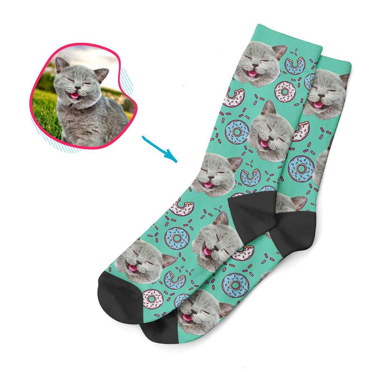 mint Donuts socks personalized with photo of face printed on them