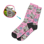 Load image into Gallery viewer, pink Donuts socks personalized with photo of face printed on them
