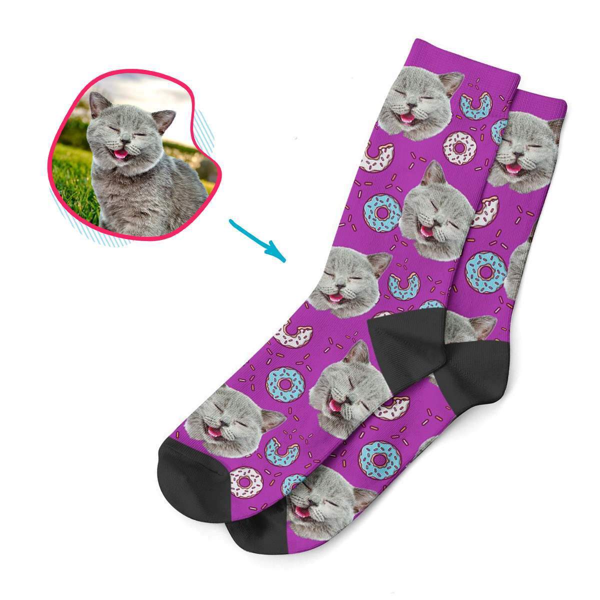 purple Donuts socks personalized with photo of face printed on them