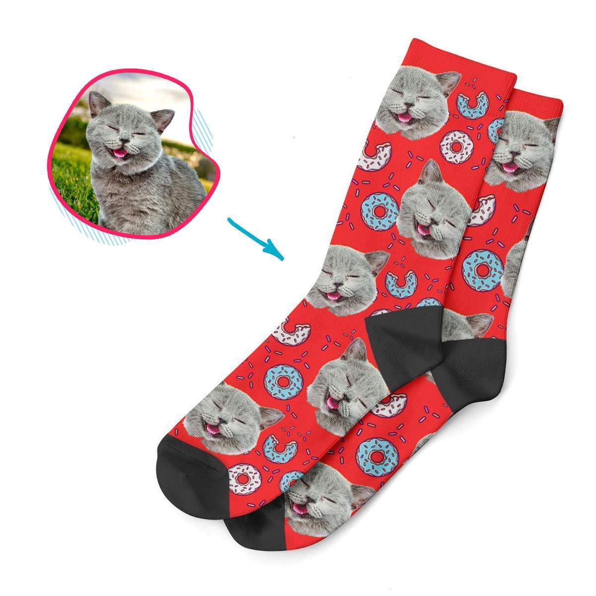 red Donuts socks personalized with photo of face printed on them