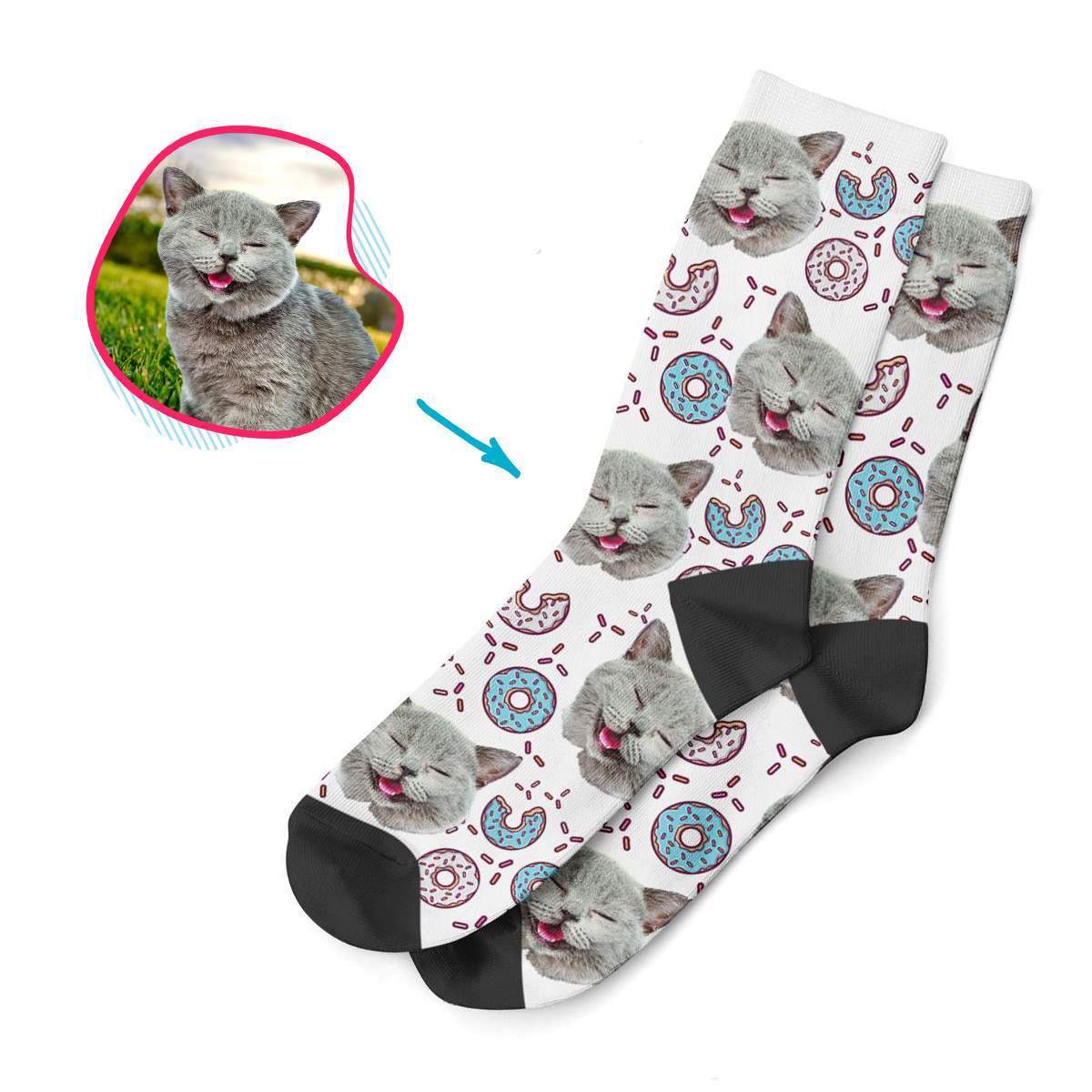 white Donuts socks personalized with photo of face printed on them