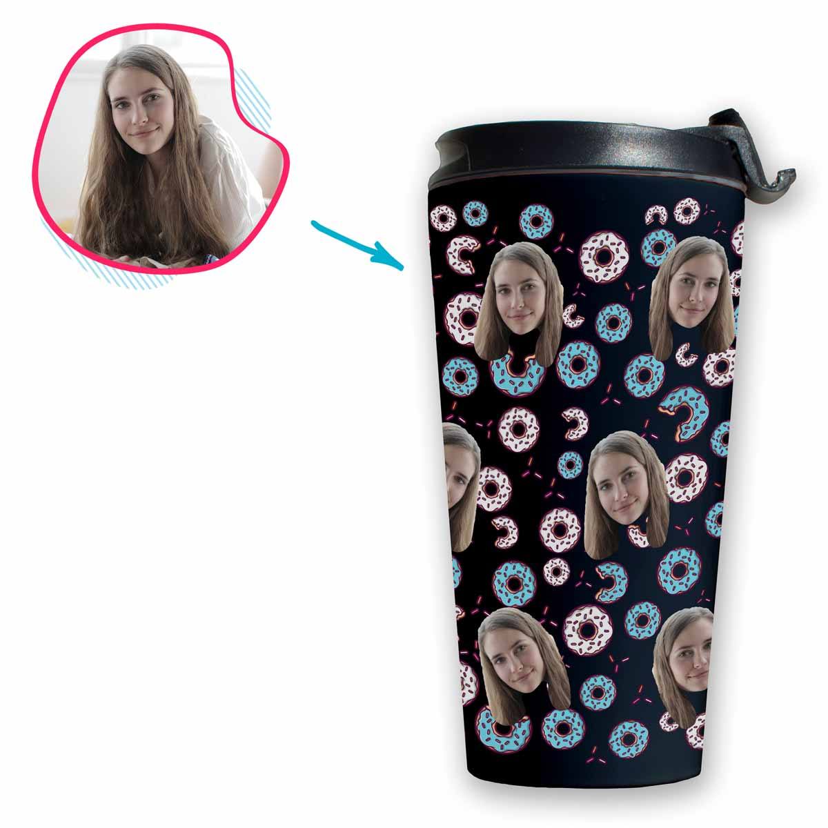 dark Donuts travel mug personalized with photo of face printed on it