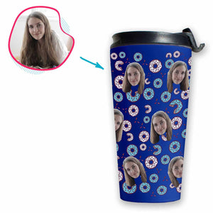 darkblue Donuts travel mug personalized with photo of face printed on it
