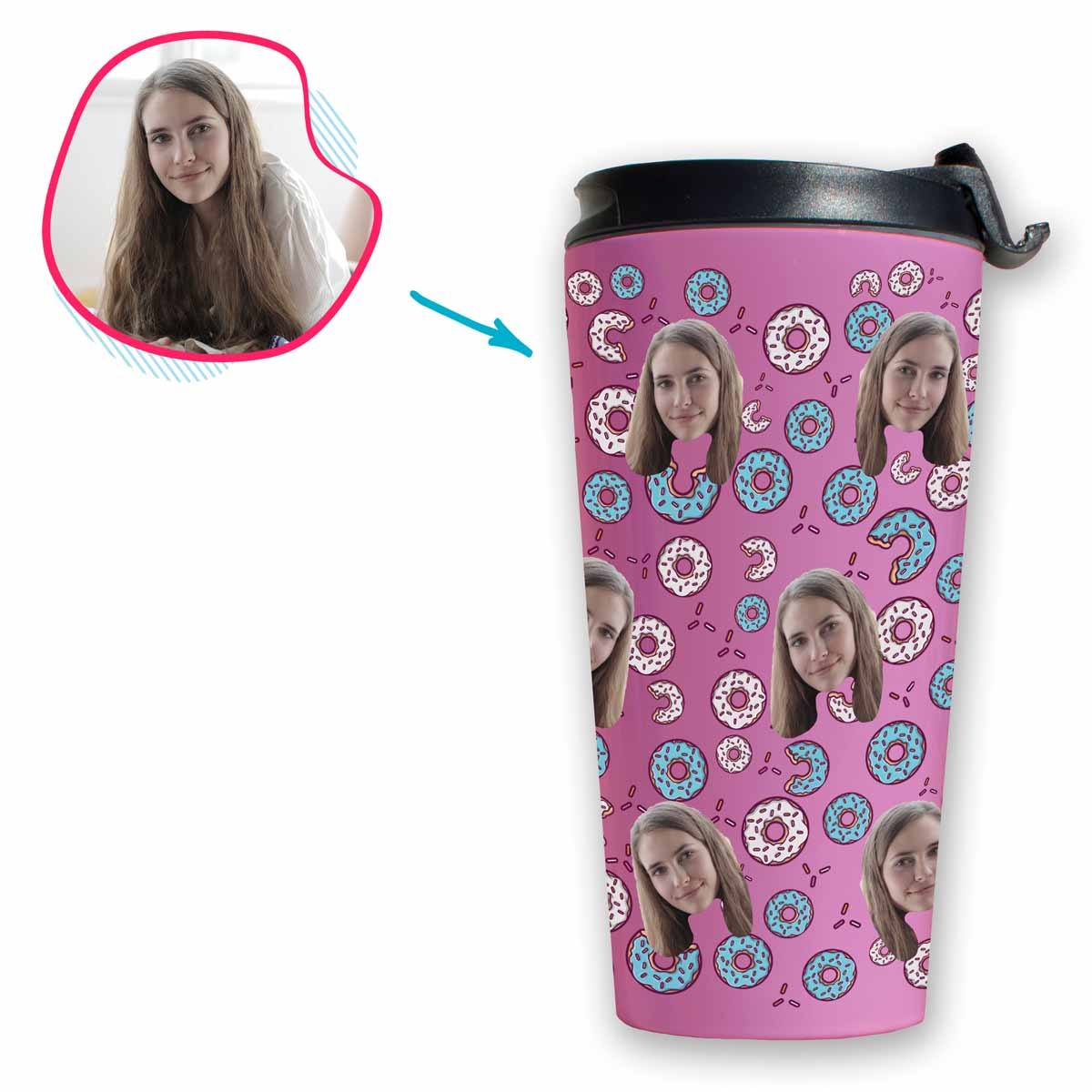 pink Donuts travel mug personalized with photo of face printed on it