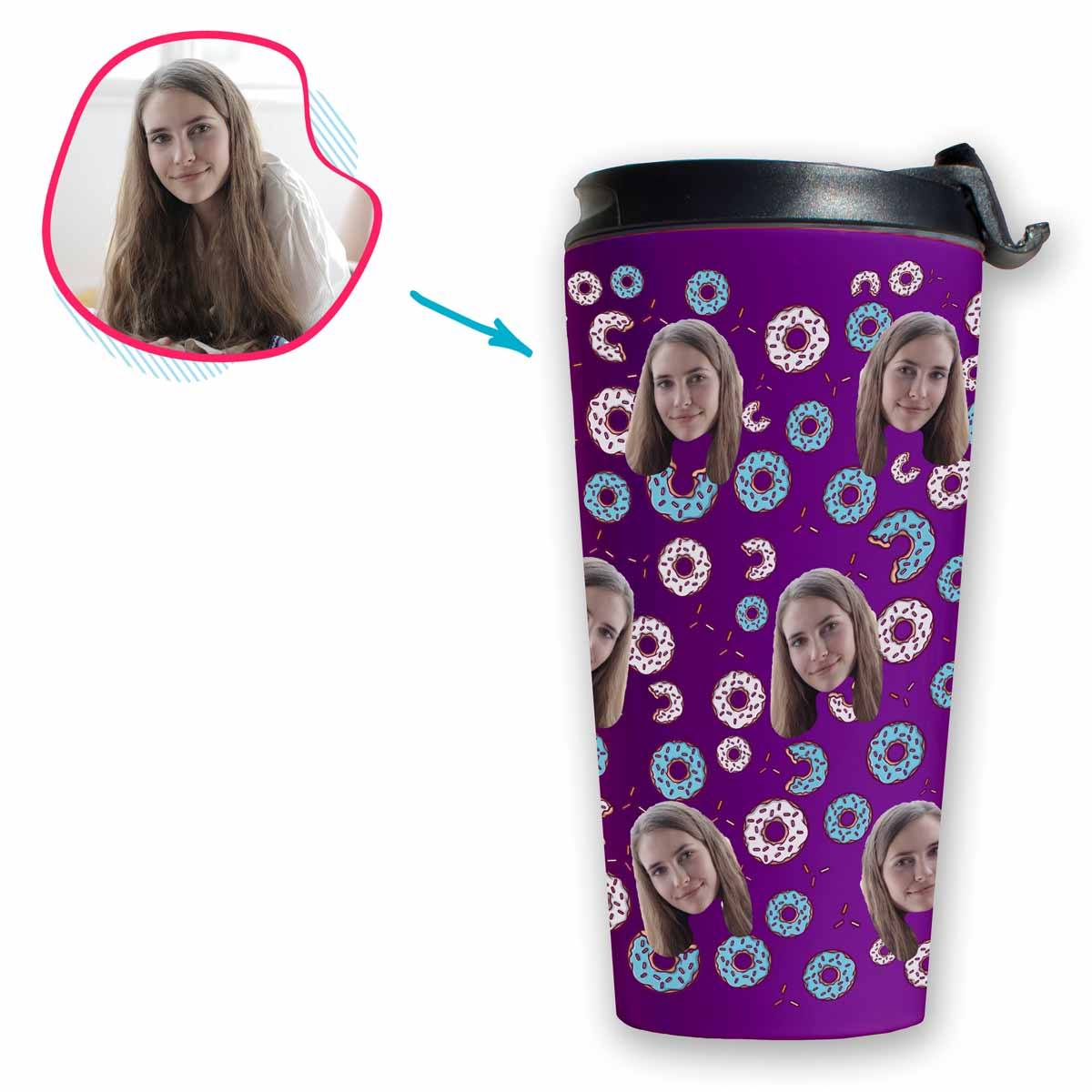 purple Donuts travel mug personalized with photo of face printed on it
