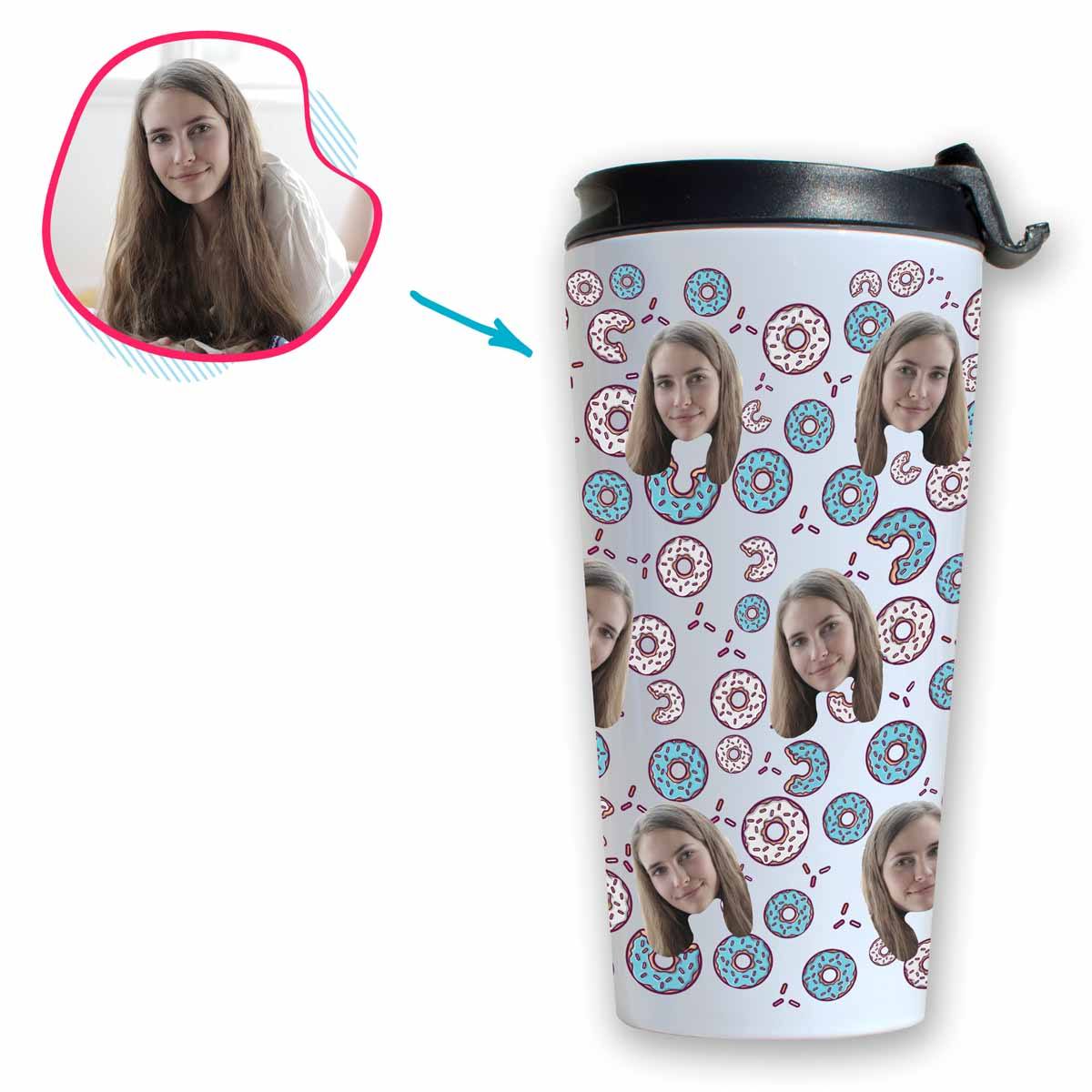 white Donuts travel mug personalized with photo of face printed on it