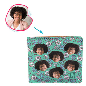 mint Donuts wallet personalized with photo of face printed on it