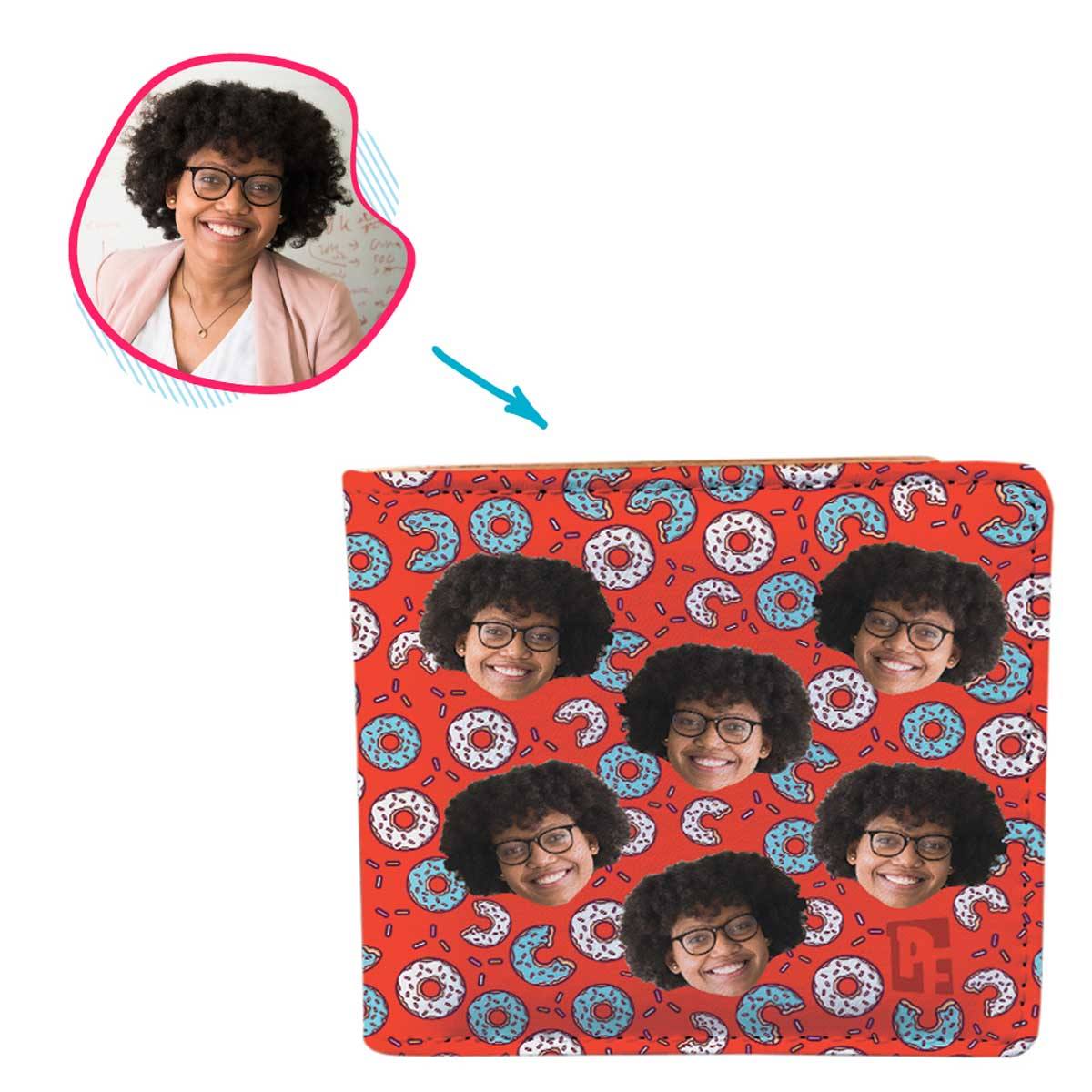 red Donuts wallet personalized with photo of face printed on it