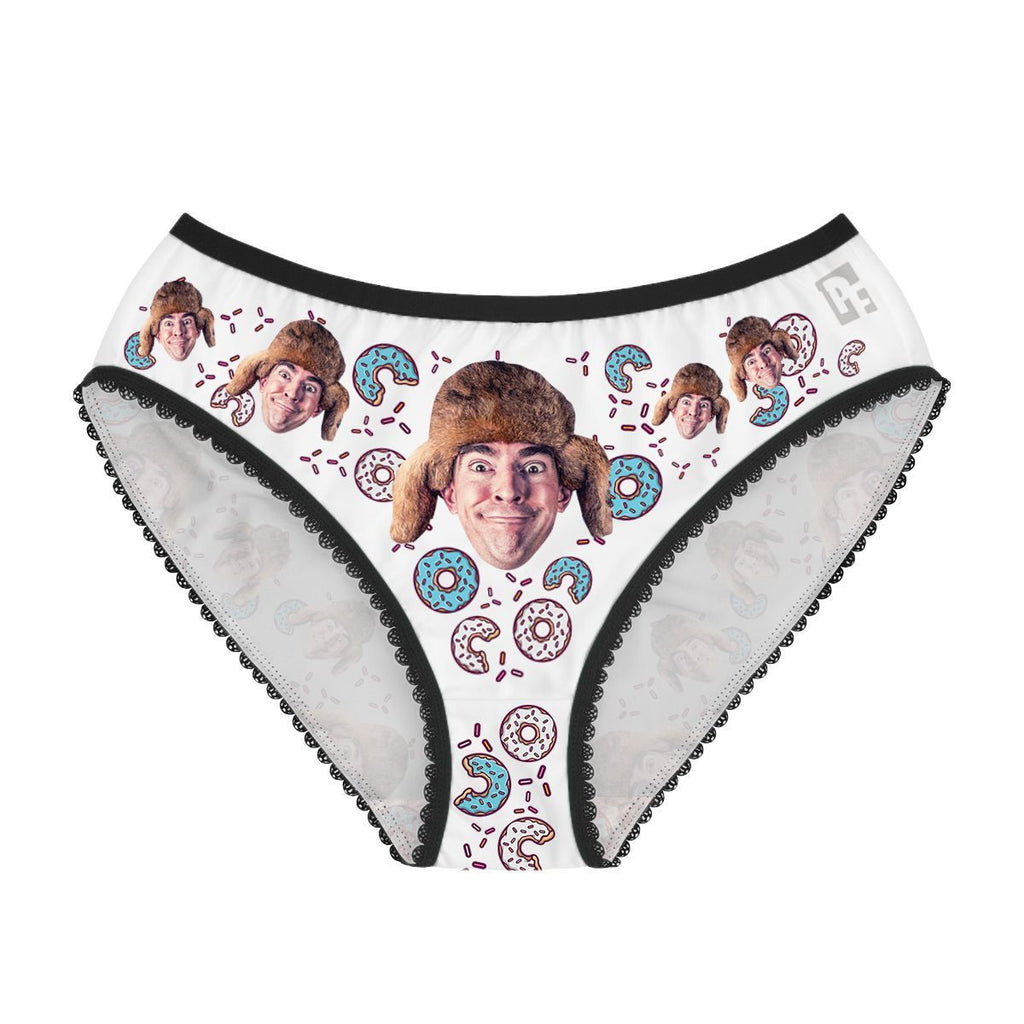 White Donuts women's underwear briefs personalized with photo printed on them