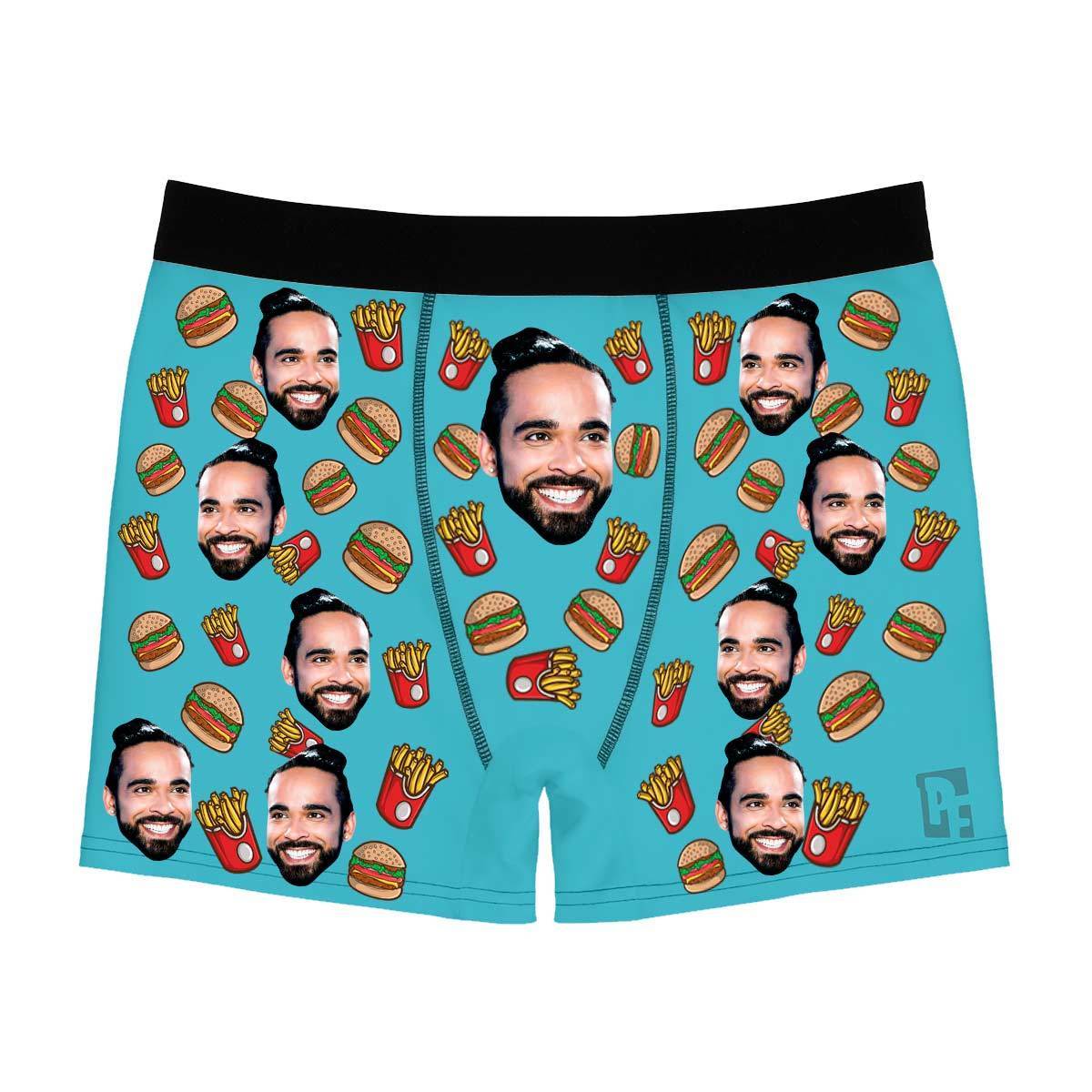 Blue Fastfood men's boxer briefs personalized with photo printed on them