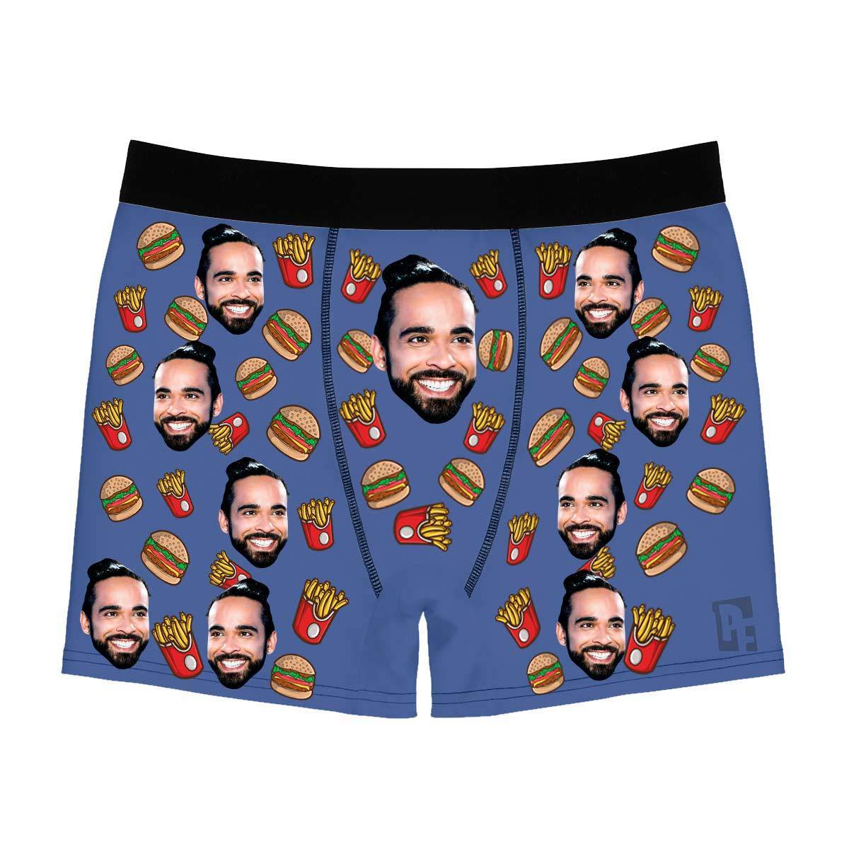 Darkblue Fastfood men's boxer briefs personalized with photo printed on them