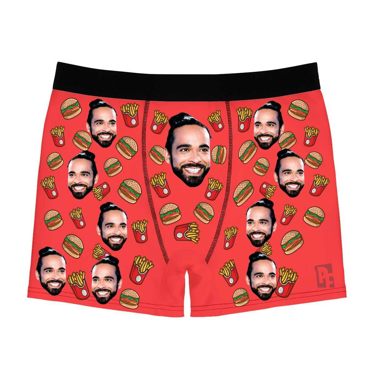 Red Fastfood men's boxer briefs personalized with photo printed on them