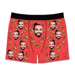 Red Fastfood men's boxer briefs personalized with photo printed on them