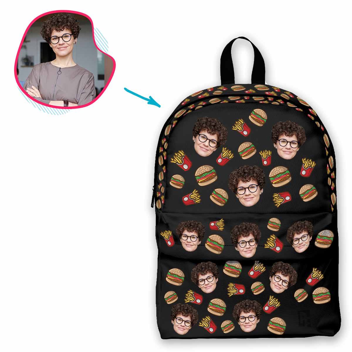 dark Fastfood classic backpack personalized with photo of face printed on it
