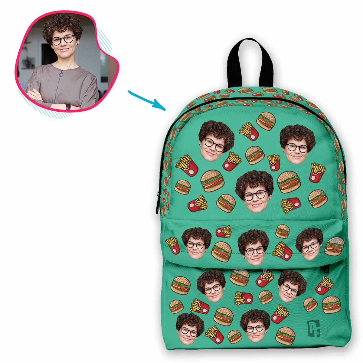 mint Fastfood classic backpack personalized with photo of face printed on it