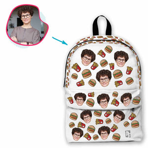 white Fastfood classic backpack personalized with photo of face printed on it
