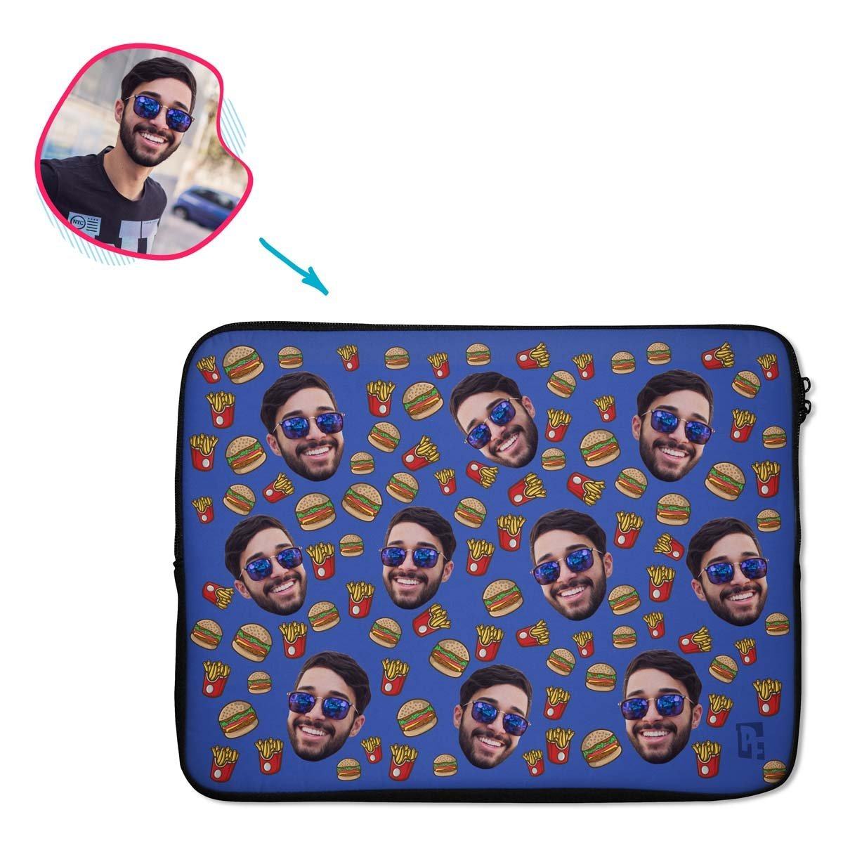 darkblue Fastfood laptop sleeve personalized with photo of face printed on them