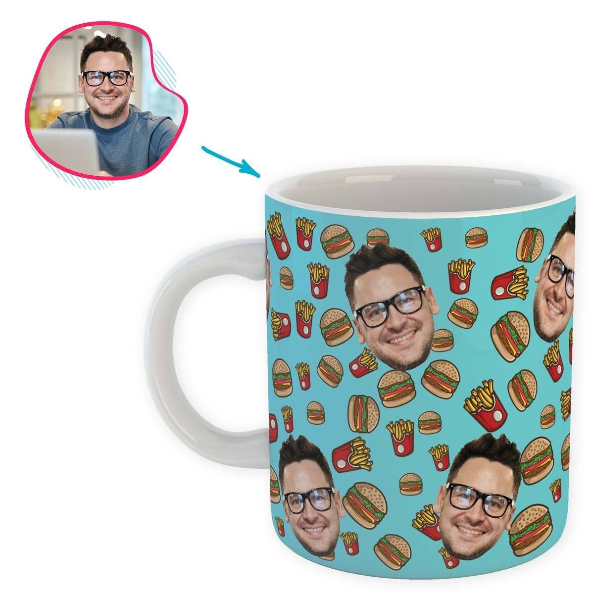 blue Fastfood mug personalized with photo of face printed on it