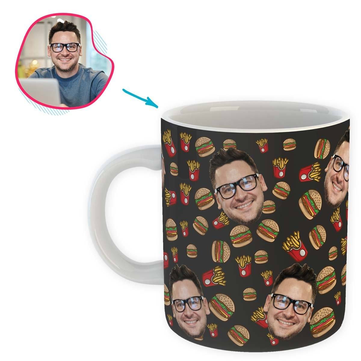 dark Fastfood mug personalized with photo of face printed on it