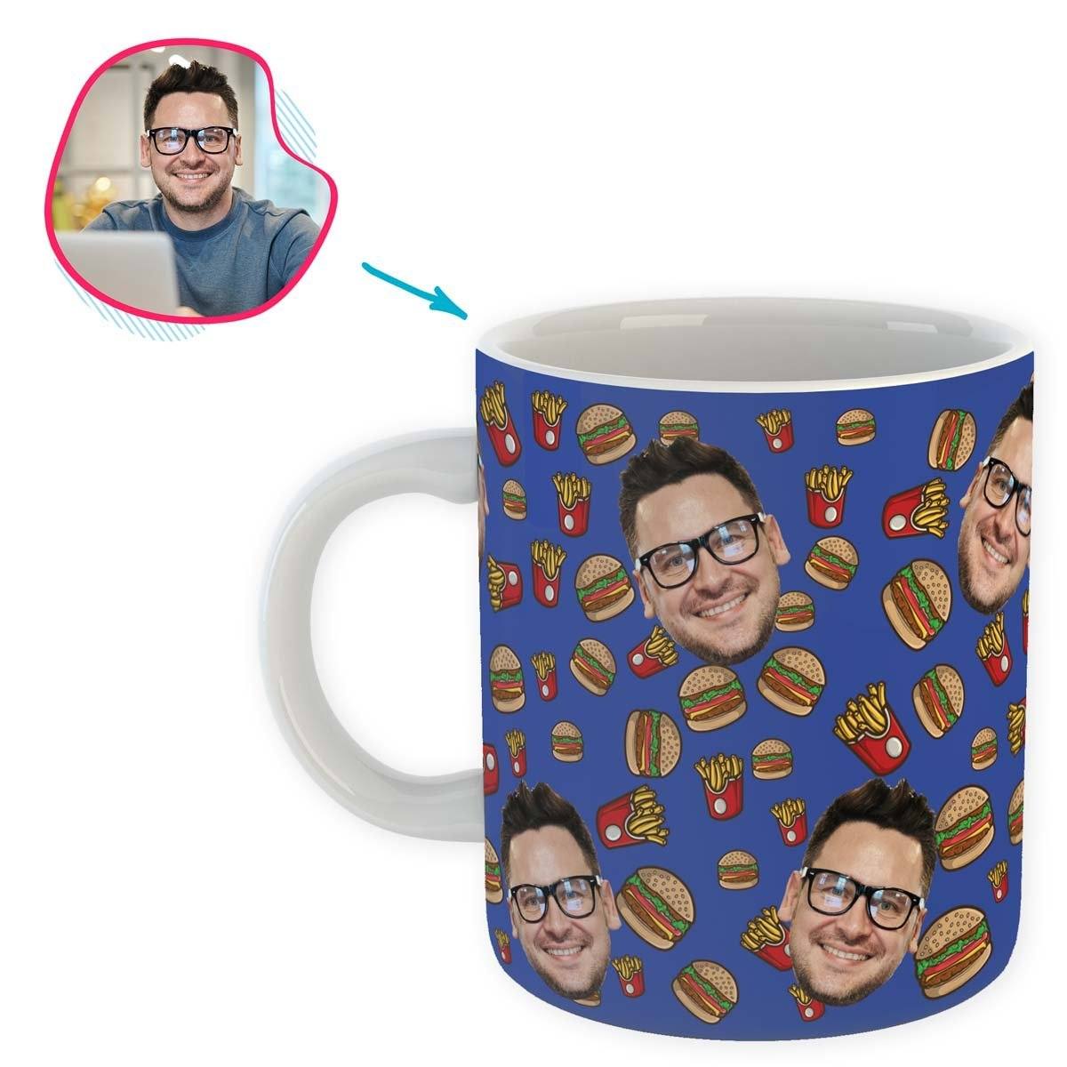 darkblue Fastfood mug personalized with photo of face printed on it