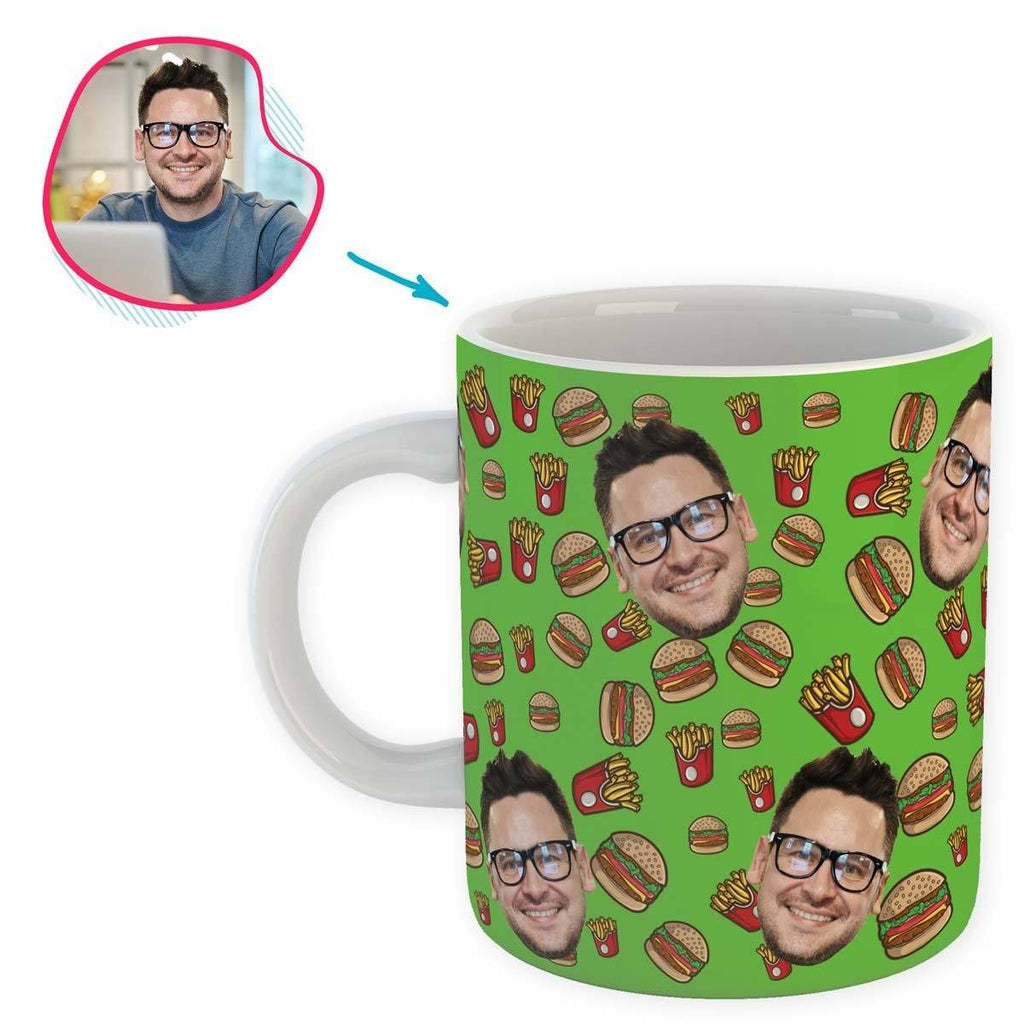 green Fastfood mug personalized with photo of face printed on it