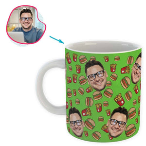 green Fastfood mug personalized with photo of face printed on it