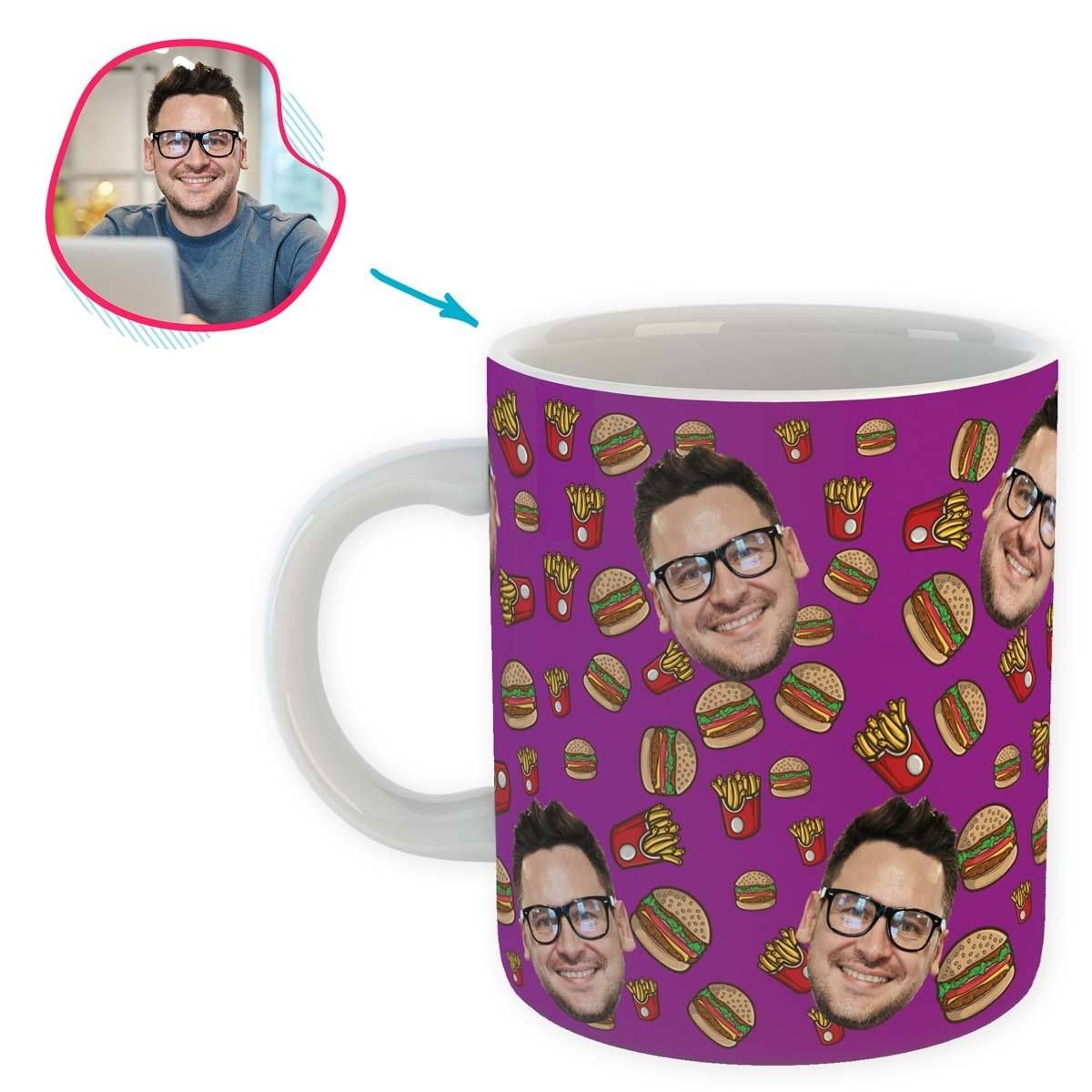 purple Fastfood mug personalized with photo of face printed on it
