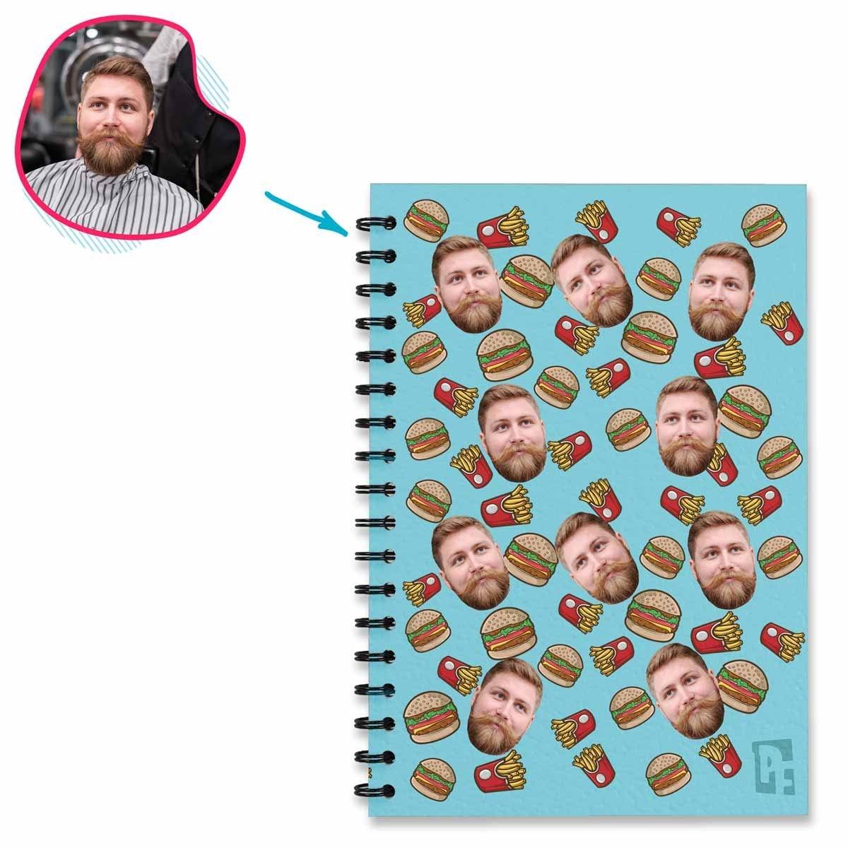 blue Fastfood Notebook personalized with photo of face printed on them