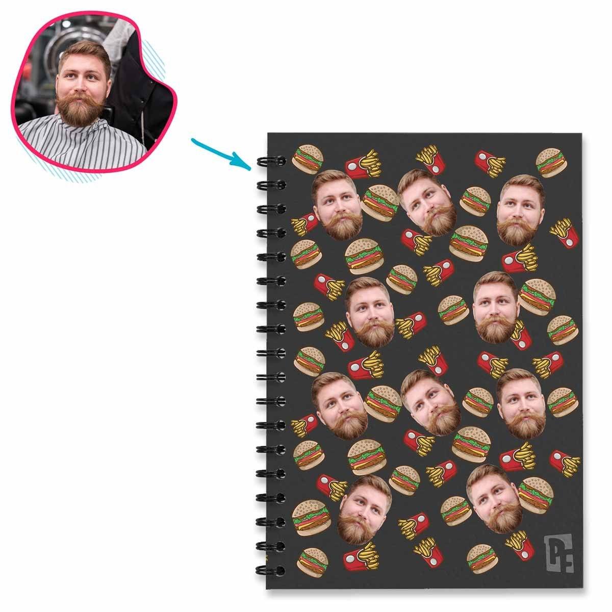 dark Fastfood Notebook personalized with photo of face printed on them