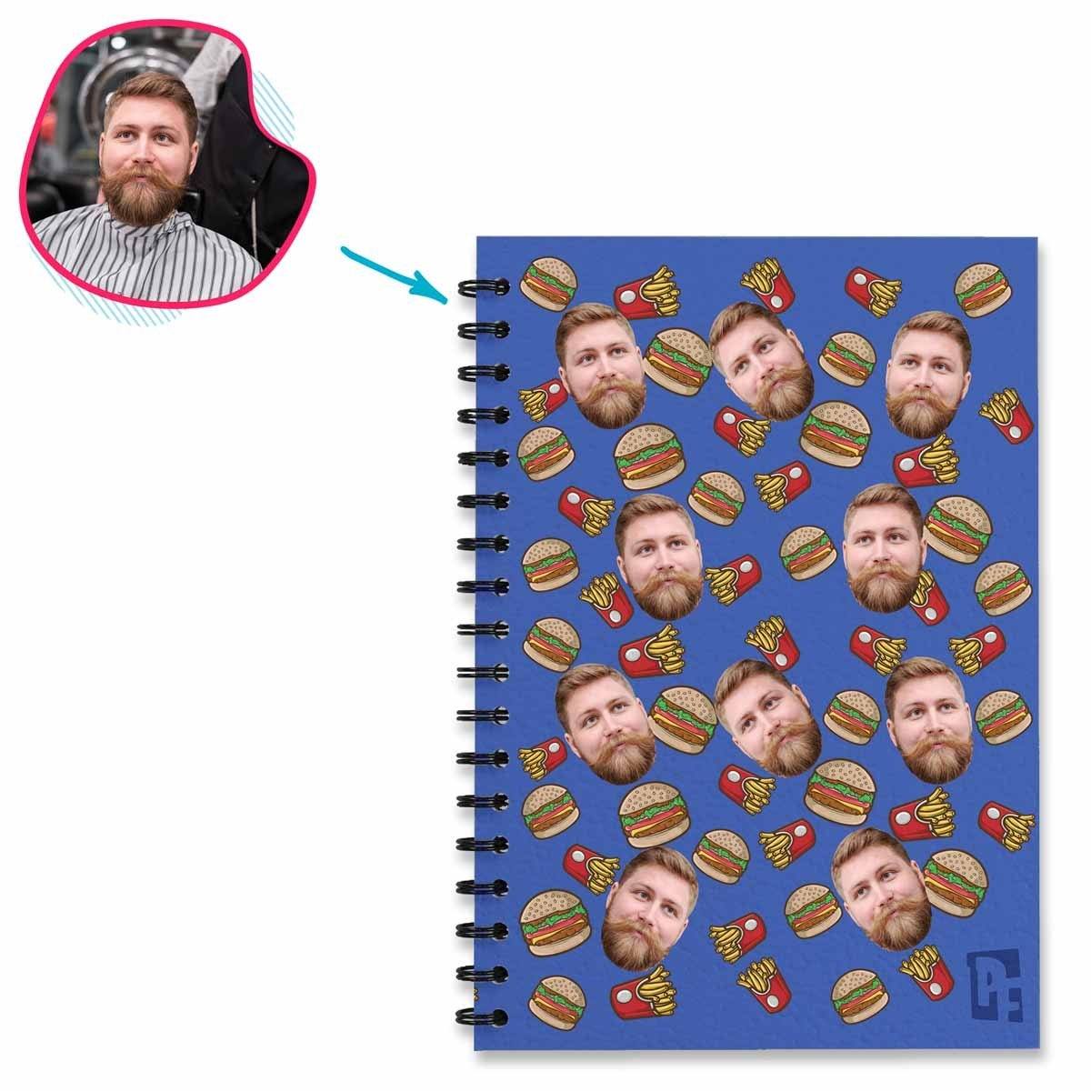 darkblue Fastfood Notebook personalized with photo of face printed on them
