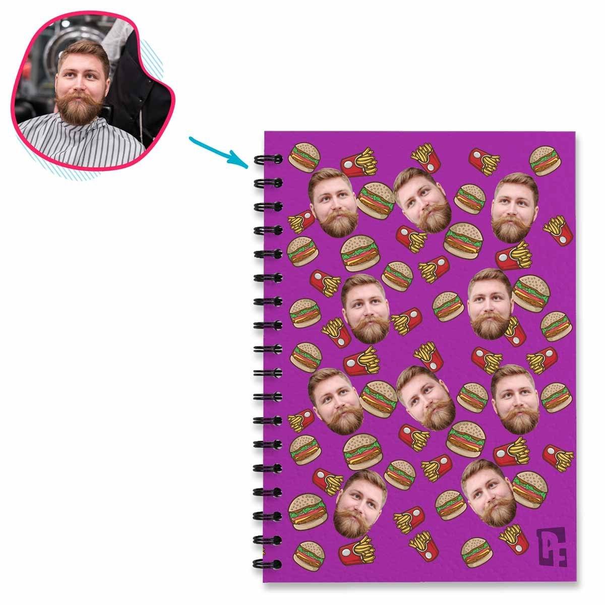 purple Fastfood Notebook personalized with photo of face printed on them