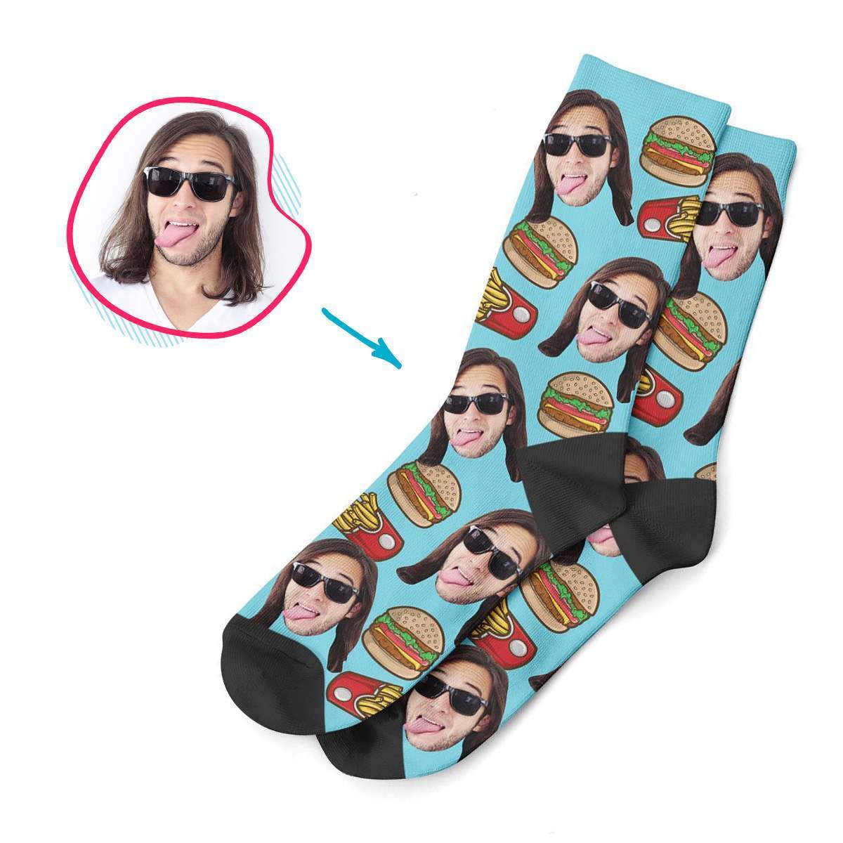 blue Fastfood socks personalized with photo of face printed on them
