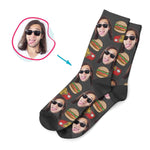Load image into Gallery viewer, dark Fastfood socks personalized with photo of face printed on them

