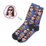 Load image into Gallery viewer, darkblue Fastfood socks personalized with photo of face printed on them
