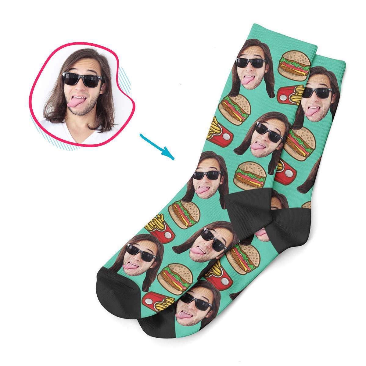 mint Fastfood socks personalized with photo of face printed on them