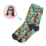 Load image into Gallery viewer, mint Fastfood socks personalized with photo of face printed on them
