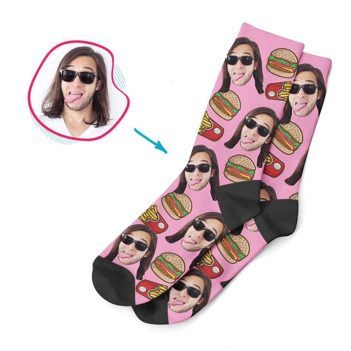 pink Fastfood socks personalized with photo of face printed on them