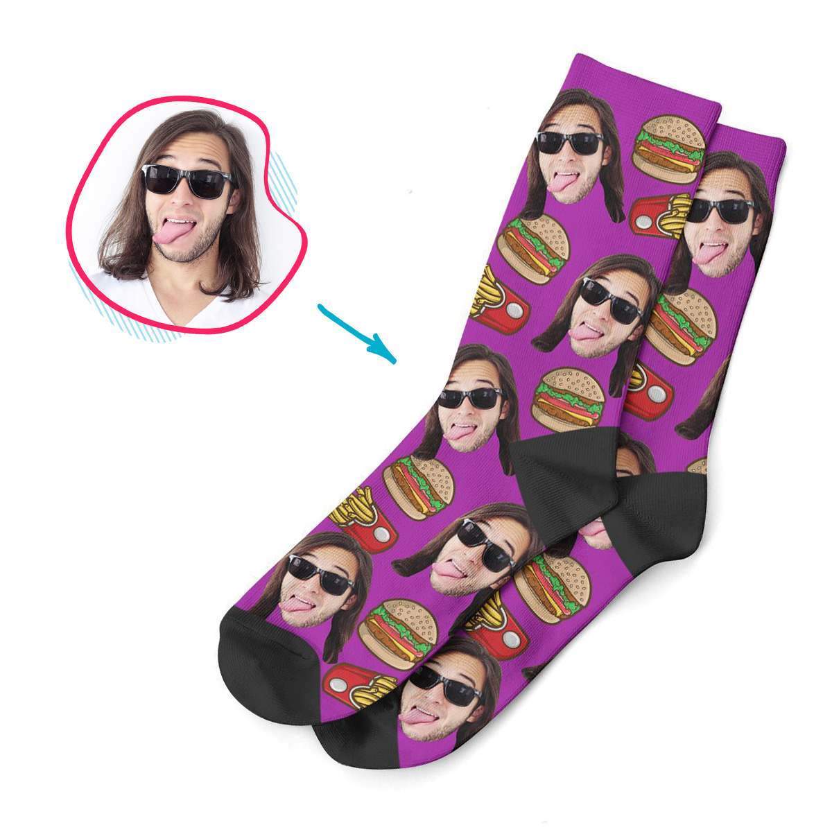 purple Fastfood socks personalized with photo of face printed on them