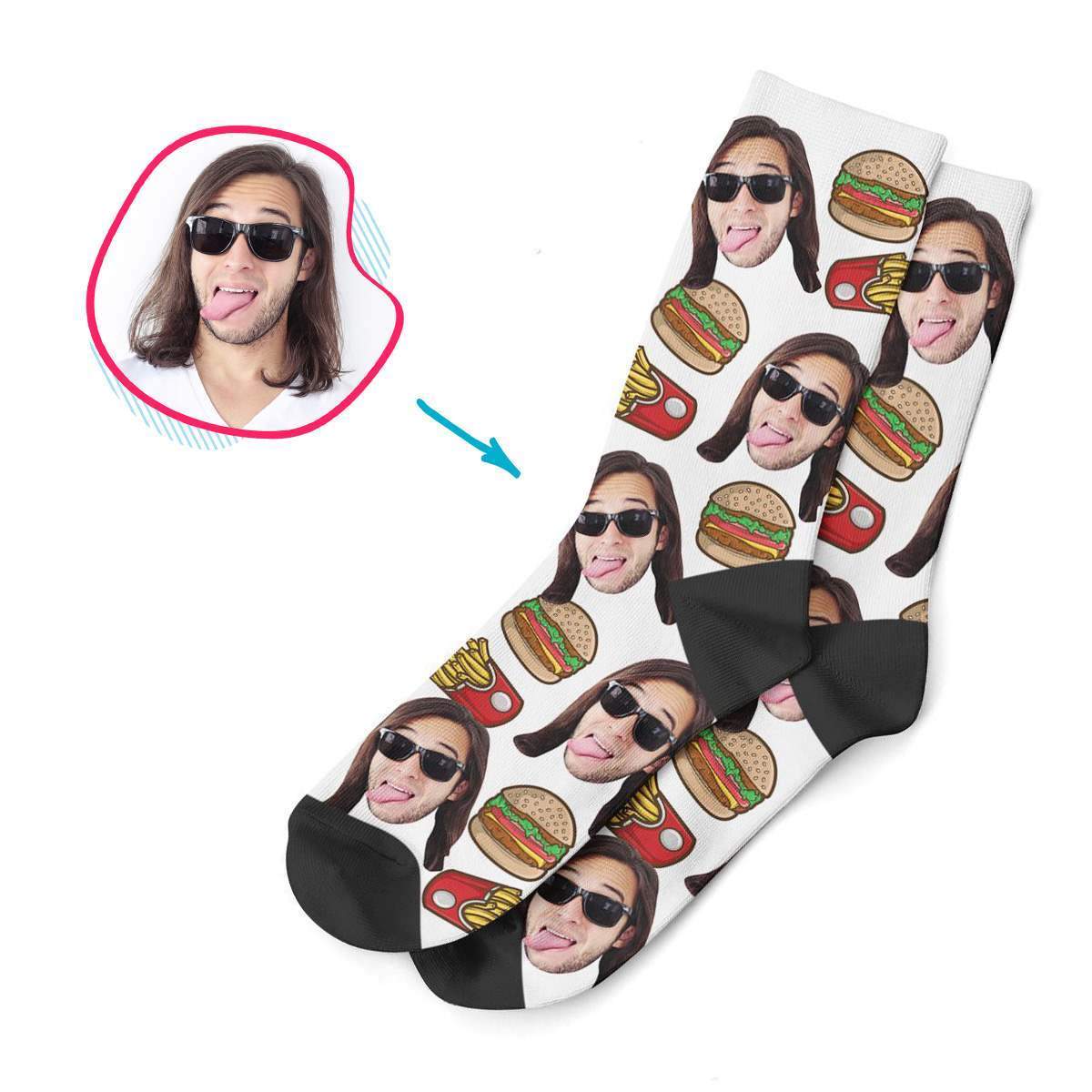 white Fastfood socks personalized with photo of face printed on them