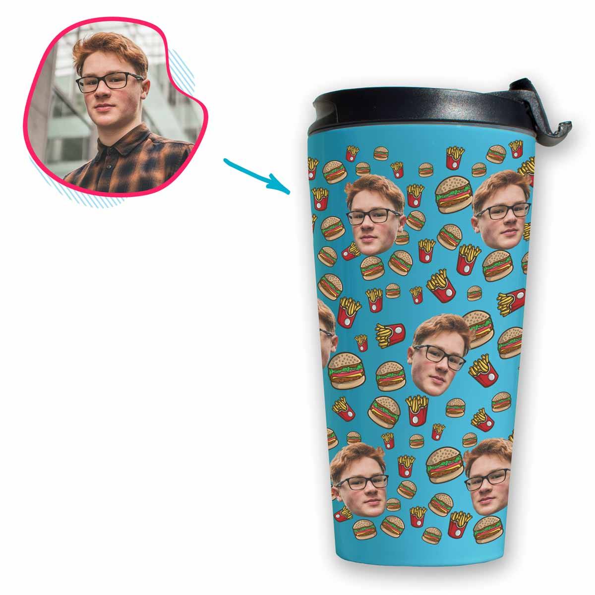 blue Fastfood travel mug personalized with photo of face printed on it