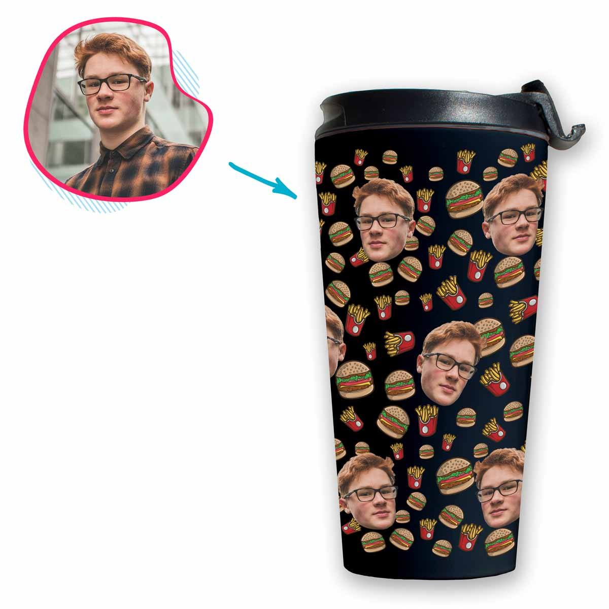 dark Fastfood travel mug personalized with photo of face printed on it