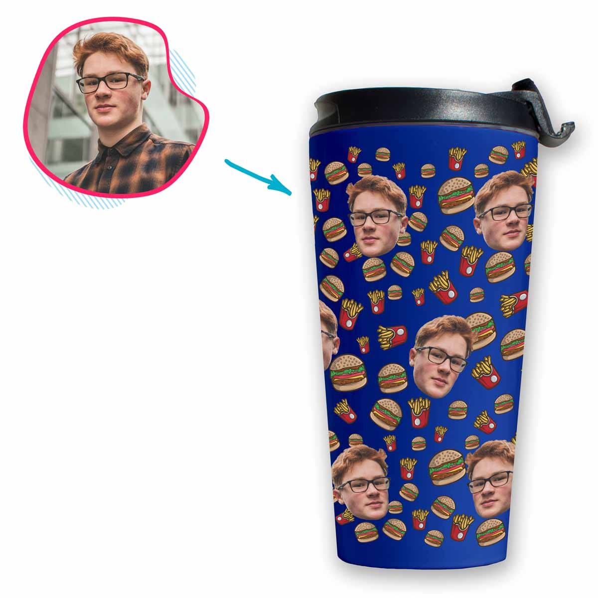darkblue Fastfood travel mug personalized with photo of face printed on it
