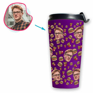 purple Fastfood travel mug personalized with photo of face printed on it
