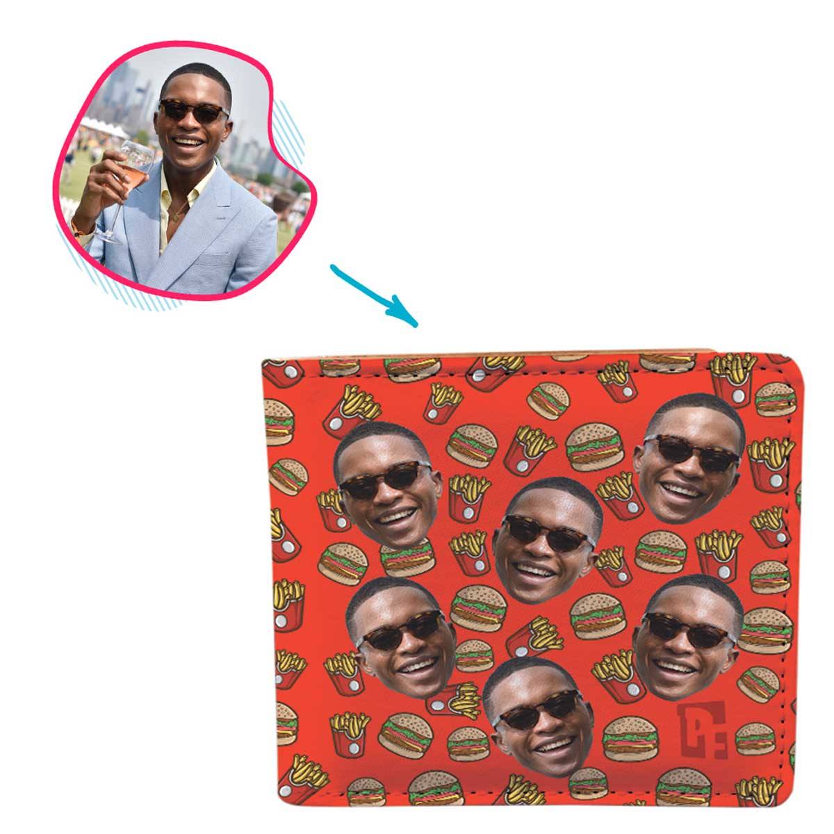 red Fastfood wallet personalized with photo of face printed on it
