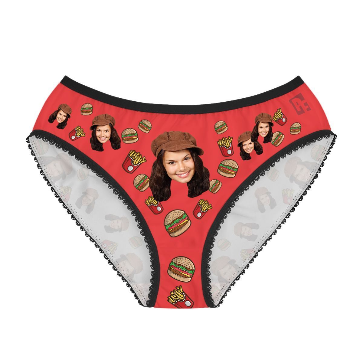 Red Fastfood women's underwear briefs personalized with photo printed on them