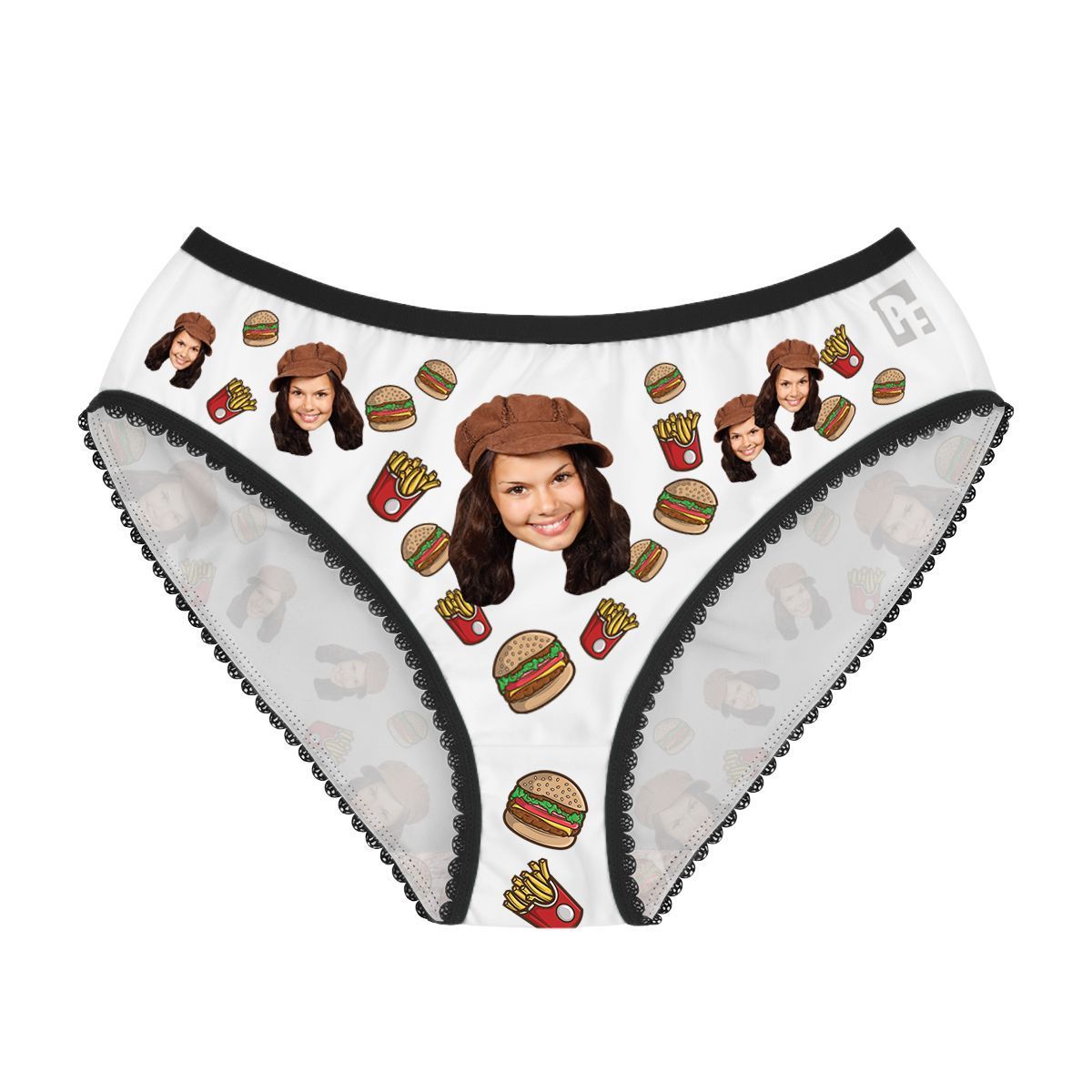 White Fastfood women's underwear briefs personalized with photo printed on them