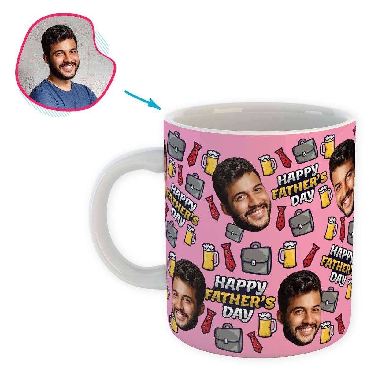 Pink Fathers Day personalized mug with photo of face printed on it