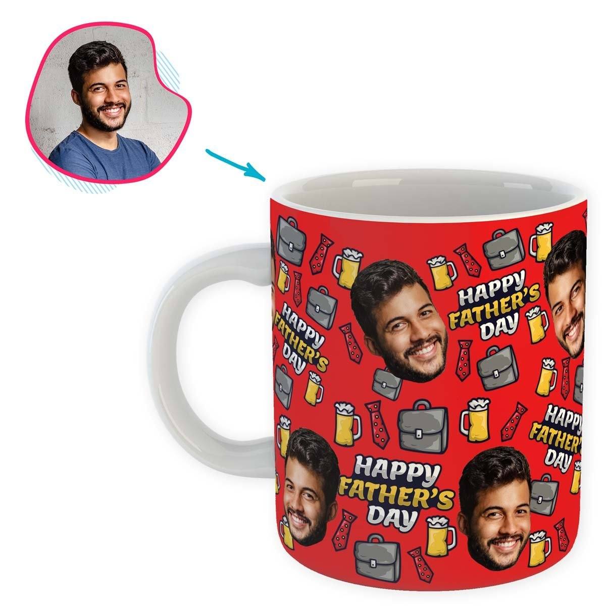 Red Fathers Day personalized mug with photo of face printed on it